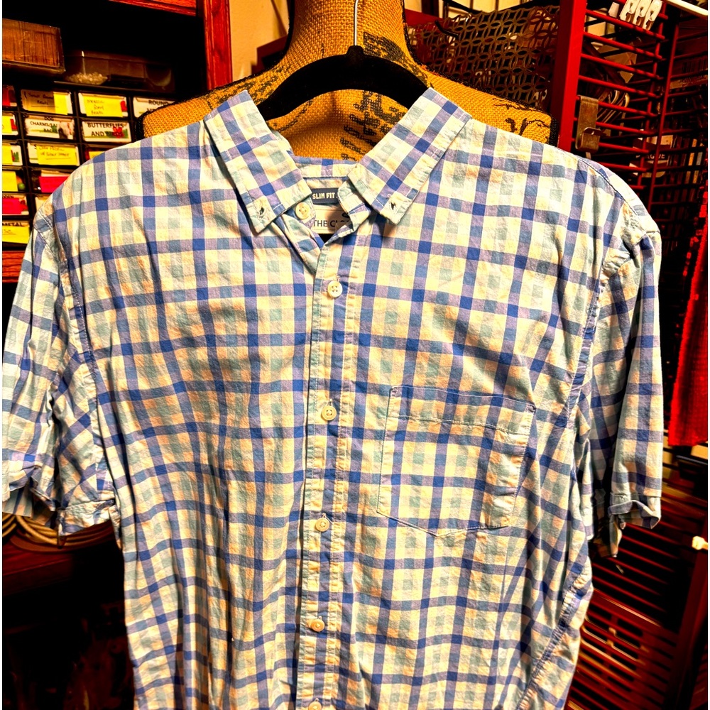 Old Navy Blue and Yellow Plaid slim Fit Short Sleeve Shirt